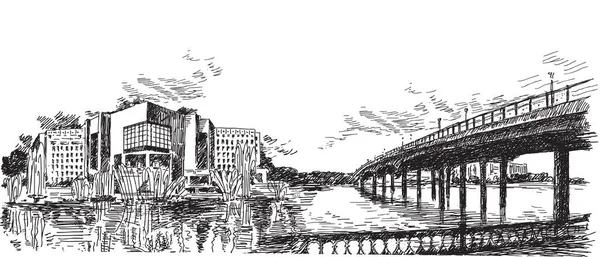 Puente Sobre Río Ciudad Atyrau Kazajstán Boceto Dibujado Mano Gráficos — Archivo Imágenes Vectoriales