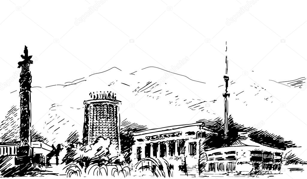 Panorama of Almaty city in Kazakhstan historical monuments. Sketch graphics vector illustration