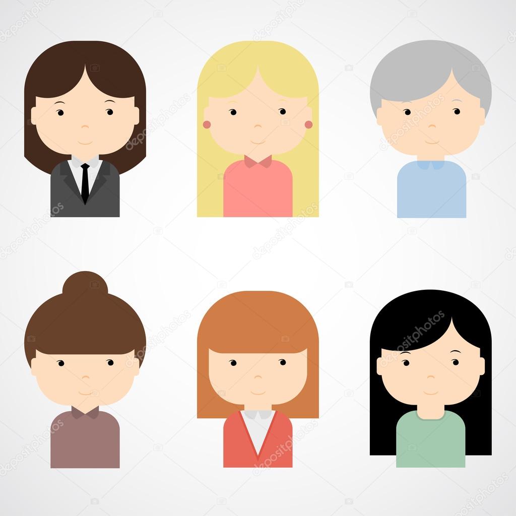 Set of colorful female faces icons.