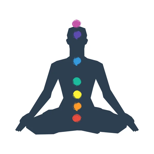 Silueta humana en pose de yoga con chakras — Vector de stock