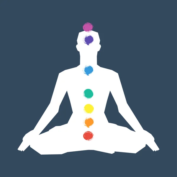 Silueta humana en pose de yoga con chakras — Vector de stock