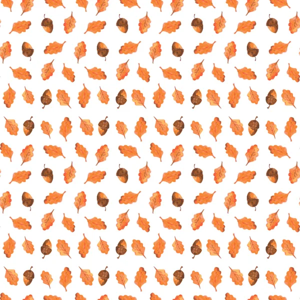 Musim gugur berwarna pola mulus terbuat dari buah pohon ek yang digambar dengan tangan. Warna air indah latar belakang. Vektor ilustrasi. Tekstur tak berujung dapat digunakan untuk mencetak ke kain dan kertas atau pemesanan memo . - Stok Vektor