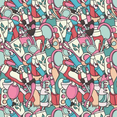 kozmetik ve güzellik ürünleri simgeler. Vintage Dikişsiz desen kozmetik elemanları ile. makyaj. vektör çizim. güzel arka plan.