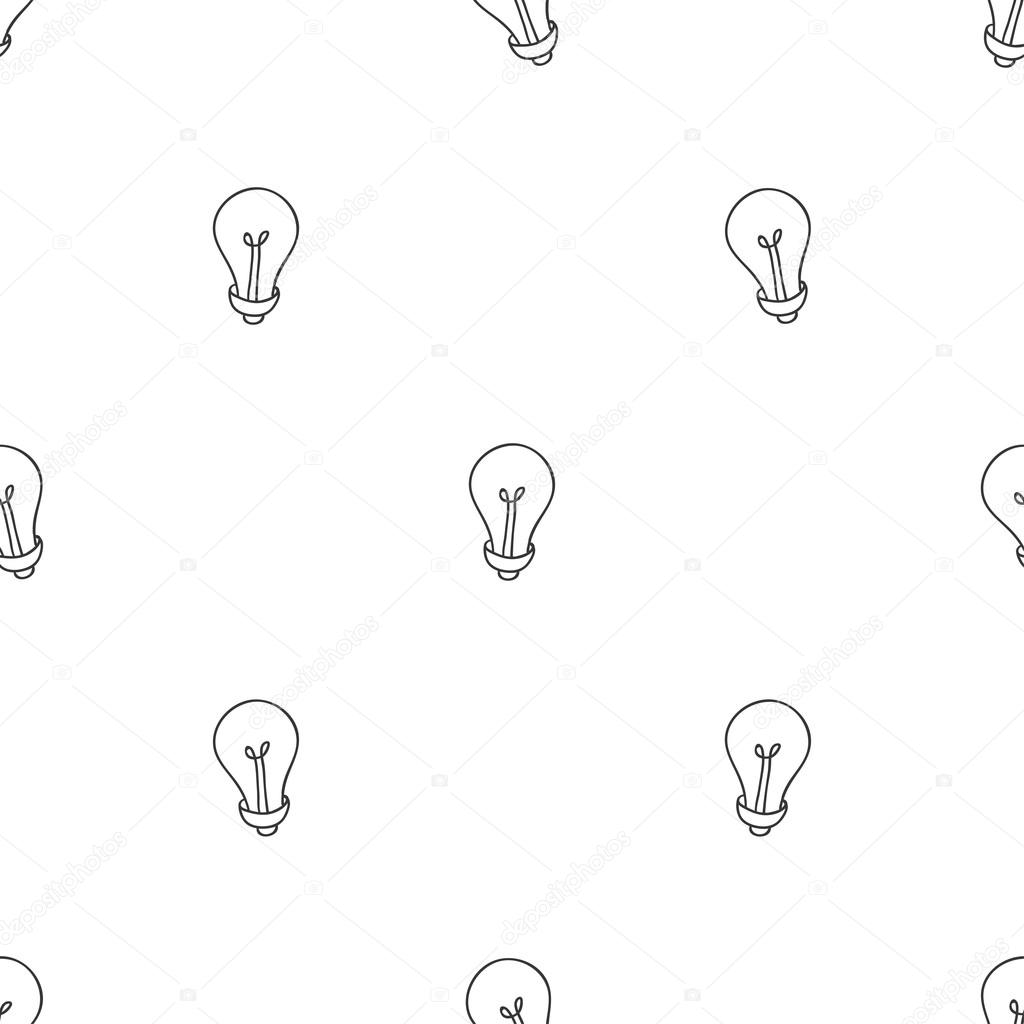 Hand drawn seamless pattern of light bulbs. Idea symbol. Vector illustration. Lamp background in sketch style.