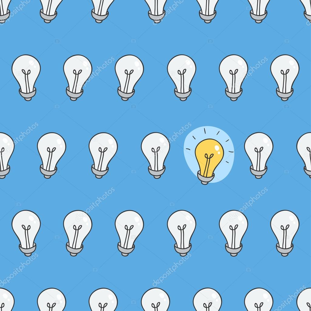 Hand drawn seamless pattern of light bulbs. Idea symbol. Vector illustration. Lamp background in sketch style.