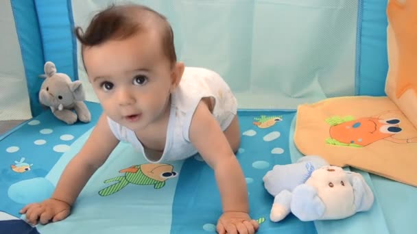 Cute baby boy and soft toys — Stock Video