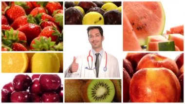 meyve daha iyi sağlık için. Doktor ve hasta kolaj ortasında yaşasın vermek