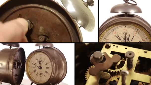 Vintage alarm klokken en cog — Stok video