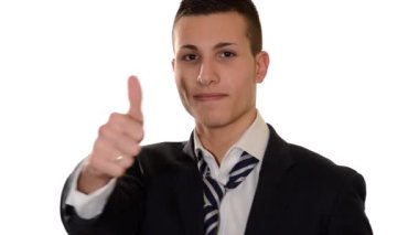 son moda erkek beyaz arka plan üzerinde başparmak yukarı işaret yapmaya