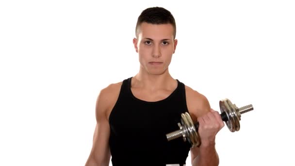 Handsome boy doing dumbbell biceps curl — Stock Video