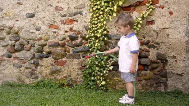 A funny child watering the garden — Stock Video