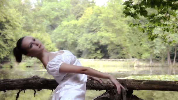 Mooie ballerina doen oefeningen in een park — Stockvideo