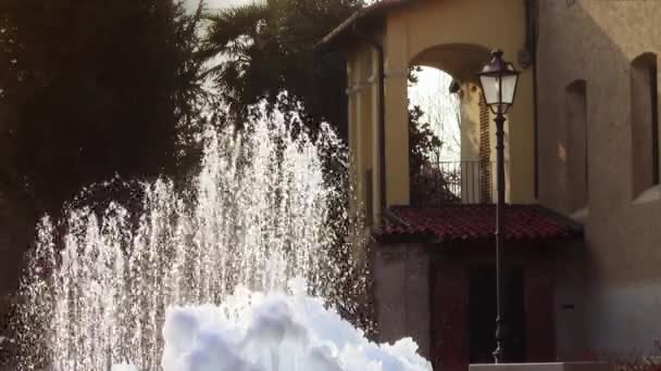 Замерзлий фонтан і стародавня будівля — стокове відео