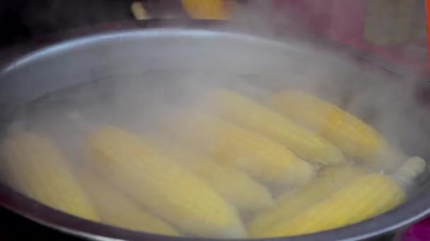 Straat eten, koken maïs cobs — Stockvideo