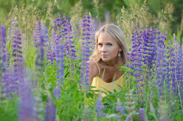 Junge schöne Frau im Lupinenfeld — Stockfoto