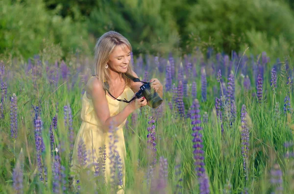 Joven hermosa mujer con cámara en el campo de altramuz —  Fotos de Stock