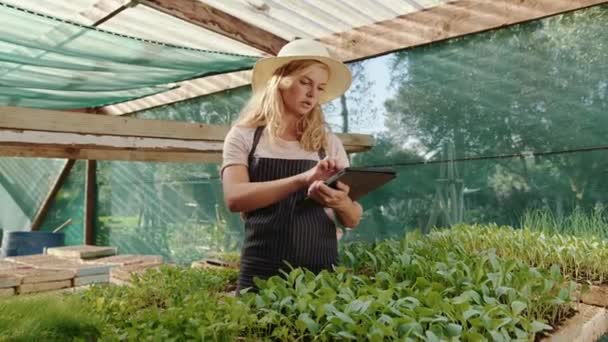 Femme agricultrice caucasienne travaillant en serre recherche sur tablette numérique — Video