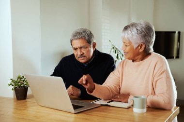 Modern mutfak tezgahında dizüstü bilgisayarlarıyla oturan çok kültürlü yaşlı bir çift. Eş kocasına anlatıyor..