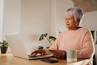 Laptop 'ta bankacılık detaylarını yazan, modern mutfak tezgahında oturan çok ırklı yaşlı bir kadın.. 