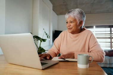 Modern evindeki not defterine notlar yazarken çok ırklı yaşlı bir kadın dizüstü bilgisayarında kayıyor..