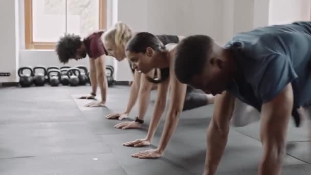 Grupo Jovens Adultos Diversos Exercitando Academia Fitness Aumentar Ritmo Cardíaco — Vídeo de Stock