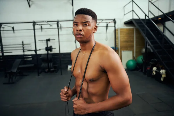 African American Male Holding Skipping Rope Gym Mixed Race Male — Stock Photo, Image