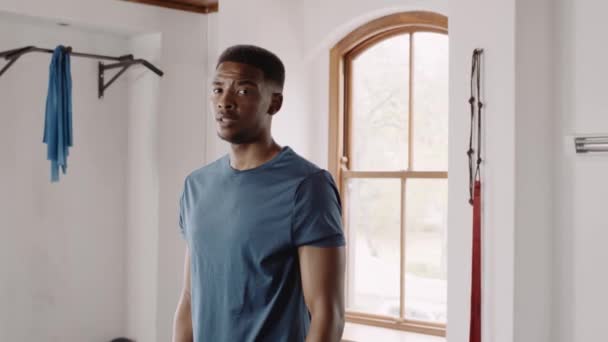 Portrait Fit Healthy Black Male Standing Confidently Folding Arms Indoor — Vídeos de Stock