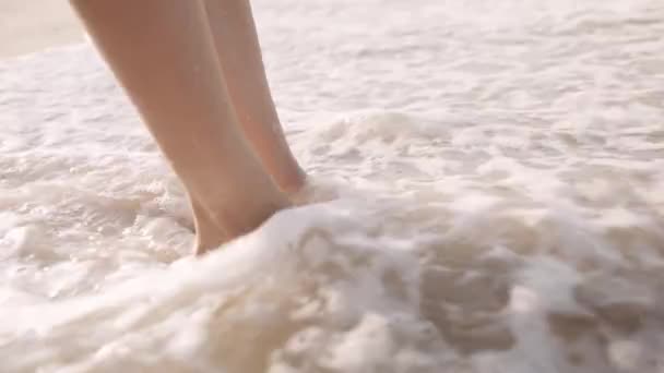 Close Barefoot Young Biracial Woman Standing Water Beach — Wideo stockowe