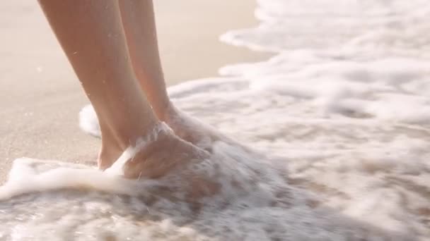 Close Young Biracial Woman Standing Barefoot Sea Beach — 图库视频影像