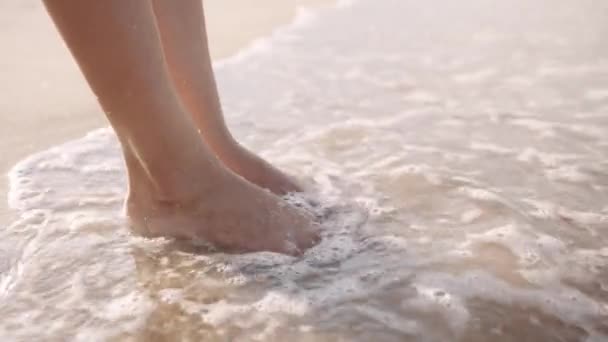 Close Barefoot Young Biracial Woman Standing Sea Beach — 图库视频影像