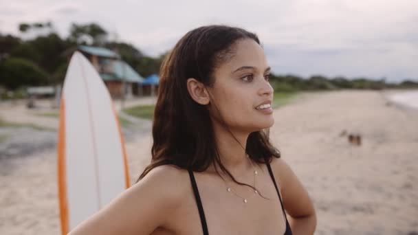 Happy Young Biracial Woman Swimwear Picking Surfboard Beach Sea — Video Stock