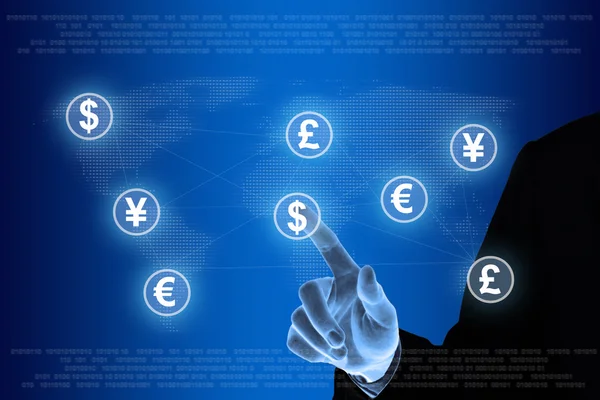 Hand pushing currency network — Stock Photo, Image