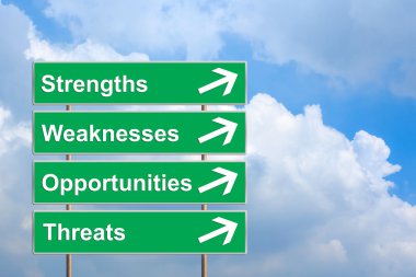 SWOT analizi üzerinde yeşil yol levhası
