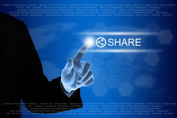 Business hand clicking share on social networking button — Stock Photo, Image