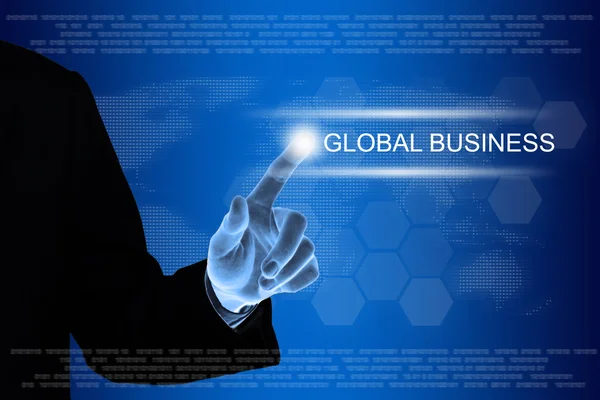 Business hand clicking global business button on touch screen — Stock Photo, Image