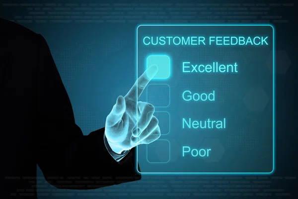 Business hand clicking customer feedback on touch screen — Stock Photo, Image