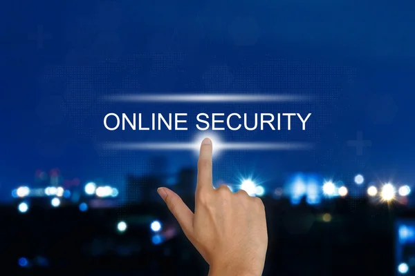 Hand pushing online security button on touch screen — Stock Photo, Image