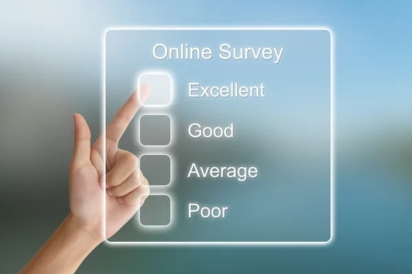 Hand pushing online survey on virtual screen — Stock Photo, Image
