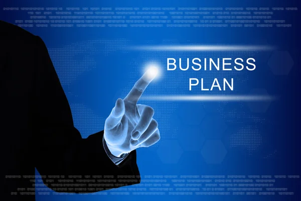 Business hand clicking business plan button on touch screen — Stock Photo, Image