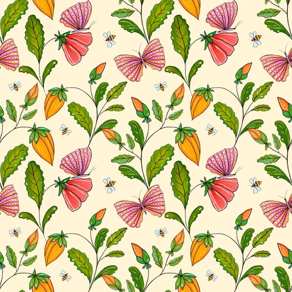 Art Marker floral seamless background. Delicate flower wallpaper. Wildflowers red and orange. Flying butterfly and bees. Delicate summer pattern. — Stock Photo, Image