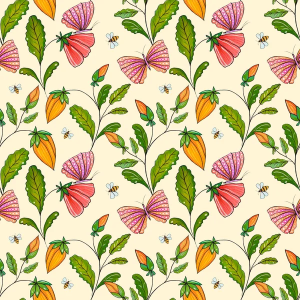 Art Marker fondo floral sin costuras. Delicado fondo de pantalla de flores. Flores silvestres rojas y naranjas. Mariposa voladora y abejas. Delicado patrón de verano. — Foto de Stock