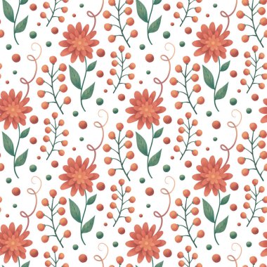 Tatilinizde süslemek için çiçek ve çiçek içeren dijital kağıt. Beyaz arkaplanda pürüzsüz desen.