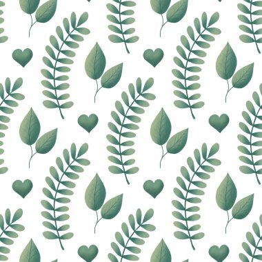 Yeşil yapraklı dijital kağıt. Beyaz arkaplanda pürüzsüz desen.