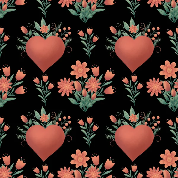 Ψηφιακό χαρτί με καρδιές και λουλούδια για διακόσμηση των διακοπών σας. Απρόσκοπτη μοτίβο στο μαύρο φόντο. — Φωτογραφία Αρχείου