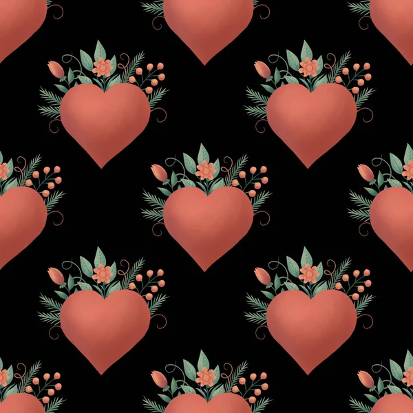 Ψηφιακό χαρτί με καρδιές και λουλούδια για διακόσμηση των διακοπών σας. Απρόσκοπτη μοτίβο στο μαύρο φόντο. — Φωτογραφία Αρχείου