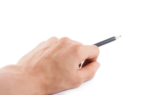 Schwarzer Stift in der linken Hand auf weißem Hintergrund — Stockfoto