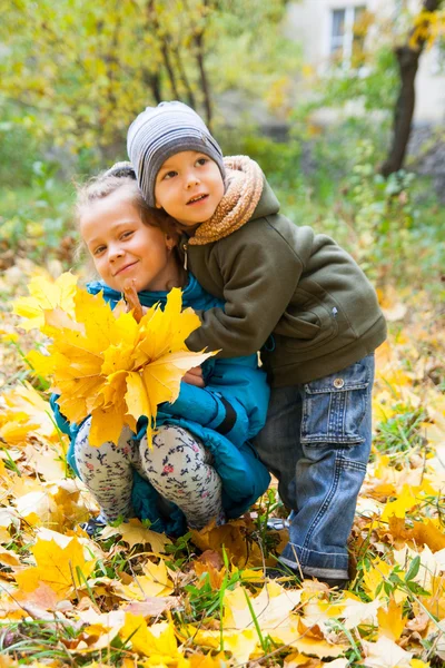 Två söta barn sitter på höstlöv — Stockfoto