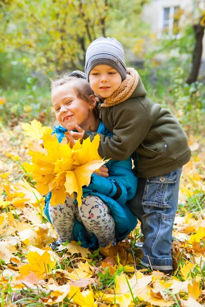 Två söta barn sitter på höstlöv — Stockfoto