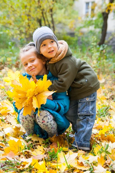 Två söta barn sitter på höstlöv Stockbild