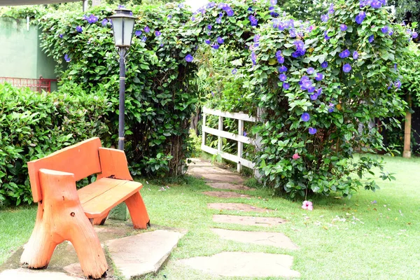 Rustic Wooden Bench Painted Orange Garden Plants Flowers — Stockfoto